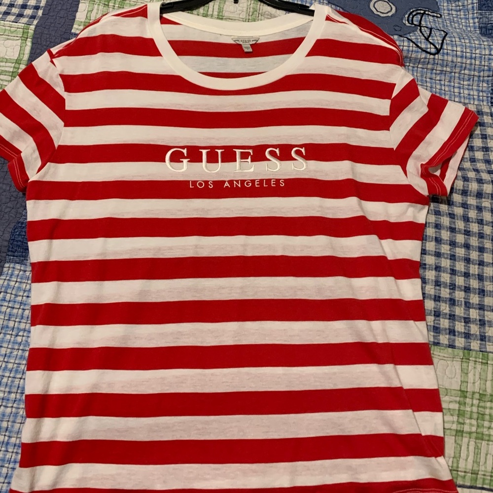 GUESS LA RED AND WHITE STRIPED SHIRT.